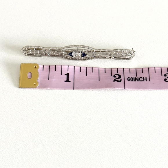 Antique 14K Solid White Gold Sapphire & Diamond Intricate Detail Bar Brooch Pin - Picture 8 of 12